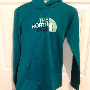 turquoise north face sweatshirt